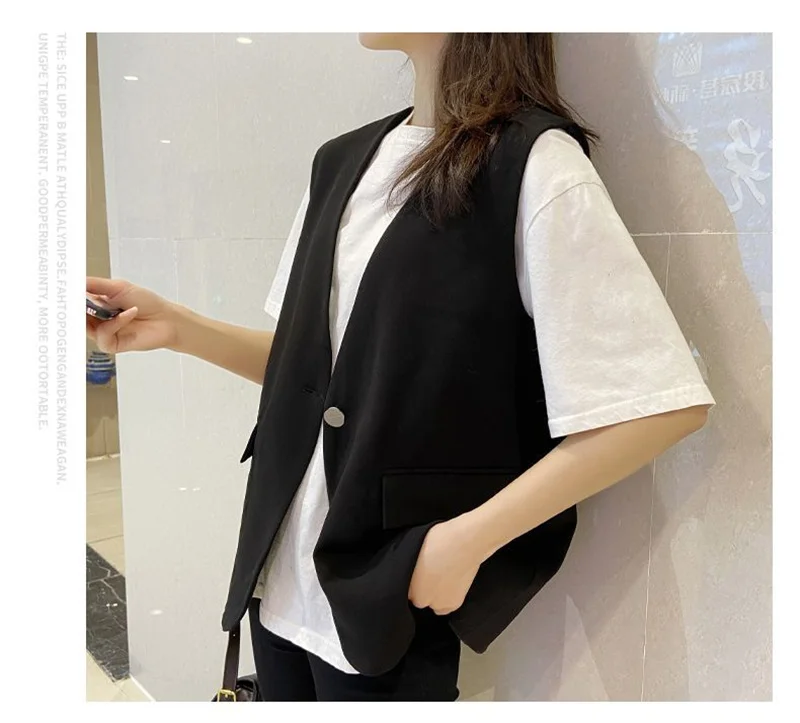 Feminine V-neck Blazer Waistcoat Tops Coat Korean Women Fashion Leisure Suit Vest Outerwear Spring Autumn Ladies Solid Color Sle