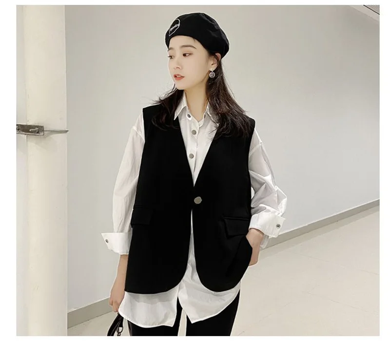 Feminine V-neck Blazer Waistcoat Tops Coat Korean Women Fashion Leisure Suit Vest Outerwear Spring Autumn Ladies Solid Color Sle