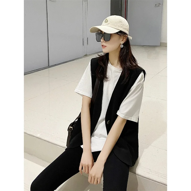 Feminine V-neck Blazer Waistcoat Tops Coat Korean Women Fashion Leisure Suit Vest Outerwear Spring Autumn Ladies Solid Color Sle