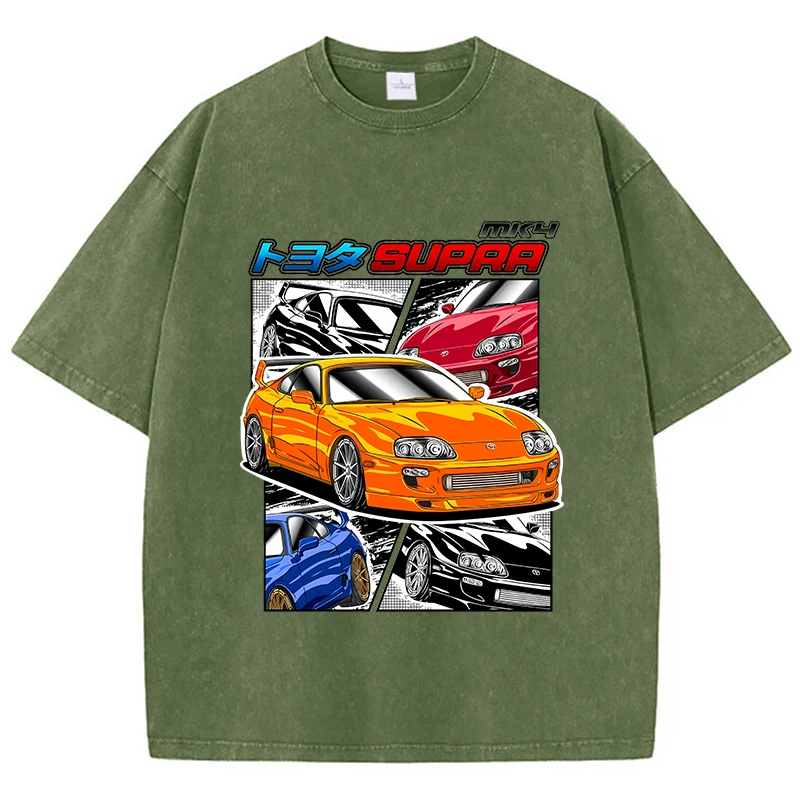 Street Woman Washed T-Shirts Supra Racing Comic Print Short Sleeve Comfortable Cotton Oversize Tops Summer Casual Female Clothes