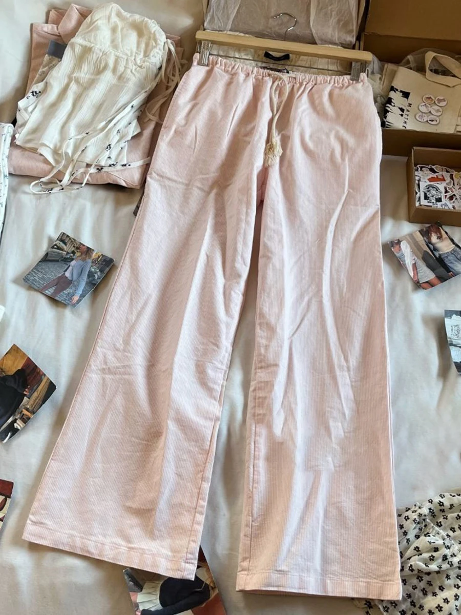New Pink Striped Linen Drawstring Long Pants Women Summer High Waist Casual Straight Pant Y2k Vintage Streetwear Loose Trousers