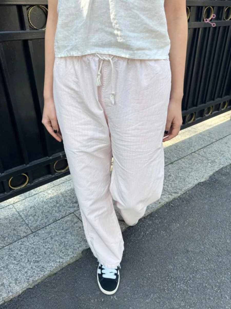New Pink Striped Linen Drawstring Long Pants Women Summer High Waist Casual Straight Pant Y2k Vintage Streetwear Loose Trousers