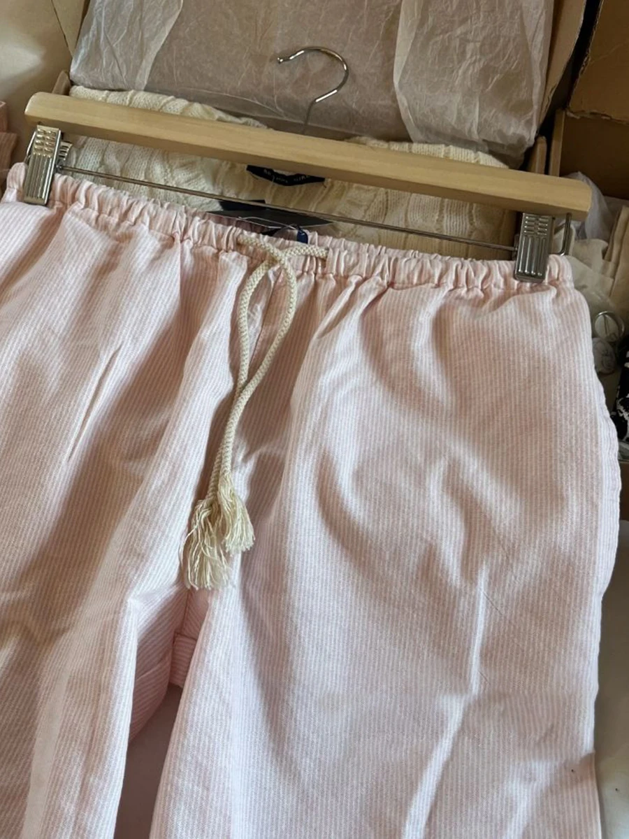 New Pink Striped Linen Drawstring Long Pants Women Summer High Waist Casual Straight Pant Y2k Vintage Streetwear Loose Trousers