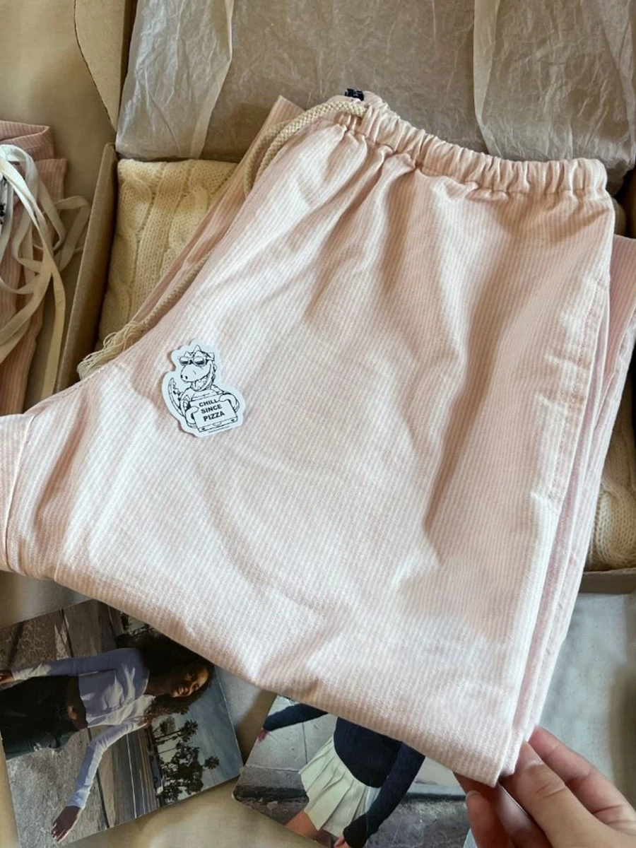 New Pink Striped Linen Drawstring Long Pants Women Summer High Waist Casual Straight Pant Y2k Vintage Streetwear Loose Trousers