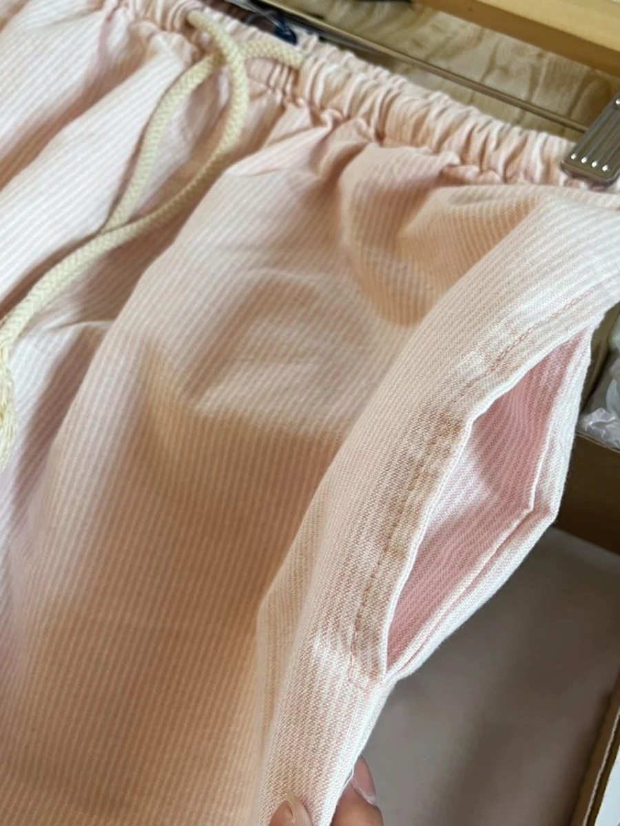New Pink Striped Linen Drawstring Long Pants Women Summer High Waist Casual Straight Pant Y2k Vintage Streetwear Loose Trousers