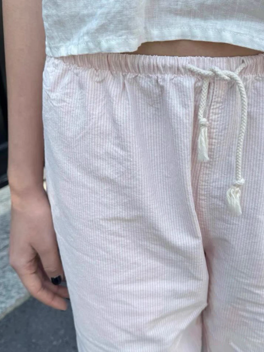 New Pink Striped Linen Drawstring Long Pants Women Summer High Waist Casual Straight Pant Y2k Vintage Streetwear Loose Trousers