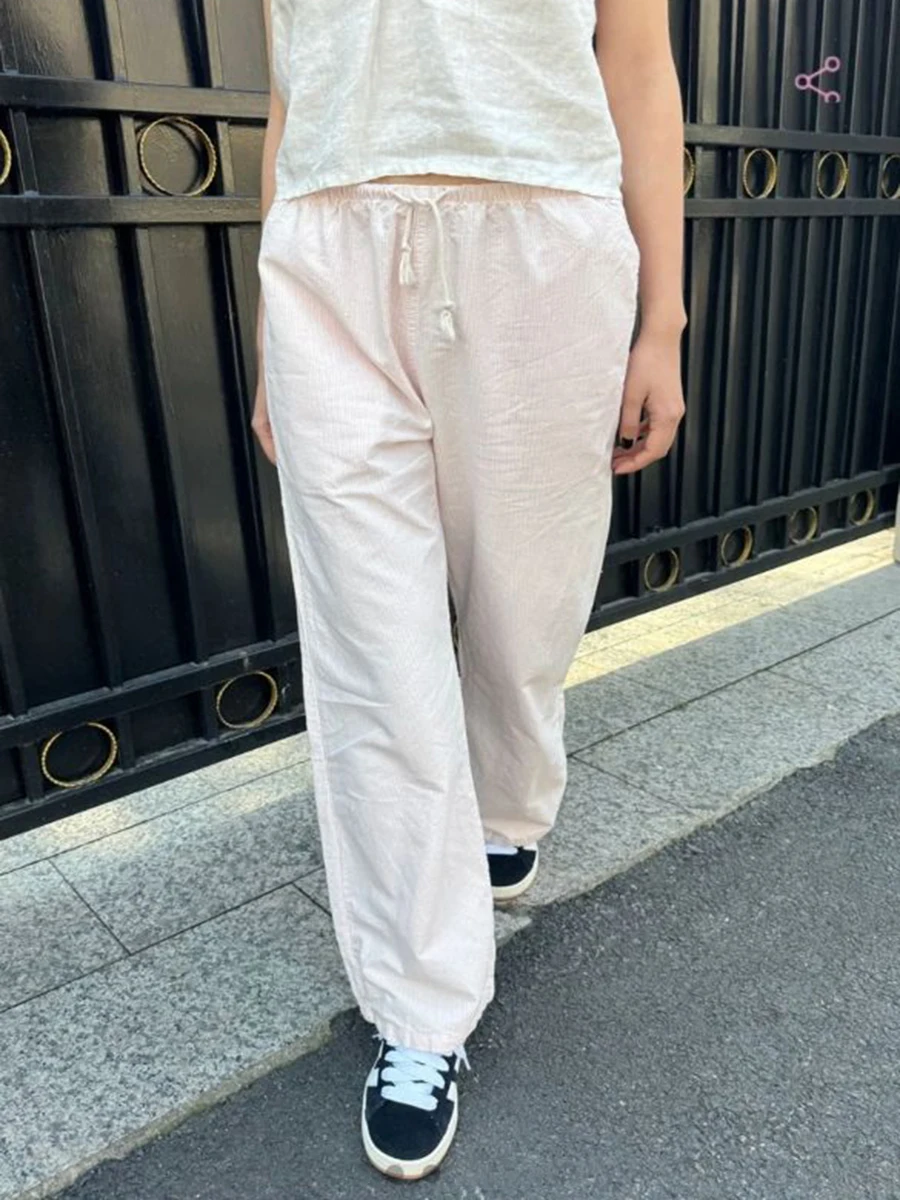 New Pink Striped Linen Drawstring Long Pants Women Summer High Waist Casual Straight Pant Y2k Vintage Streetwear Loose Trousers