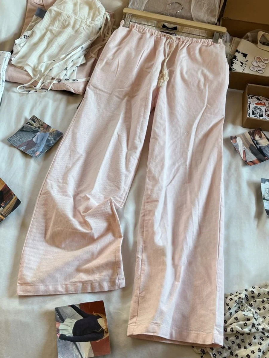 New Pink Striped Linen Drawstring Long Pants Women Summer High Waist Casual Straight Pant Y2k Vintage Streetwear Loose Trousers