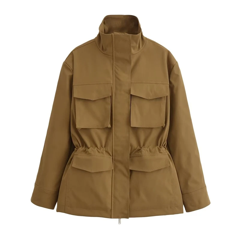 KEYANKETIAN 2024 Autumn/Winter New Women's Short Trench Coat Safari Style Pockets Decoration Zipper High Neck Blazer Outerwear