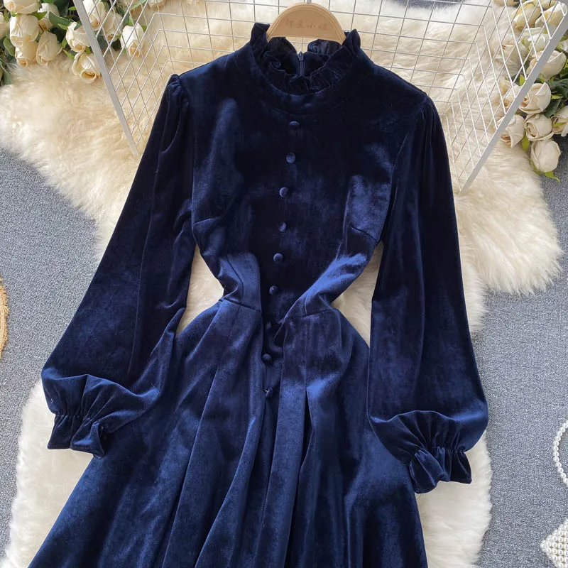 Women Chic Elegant Lantern Sleeve pleated velvet Dress Sexy Fashion Slim A-line autumn sweet dresses