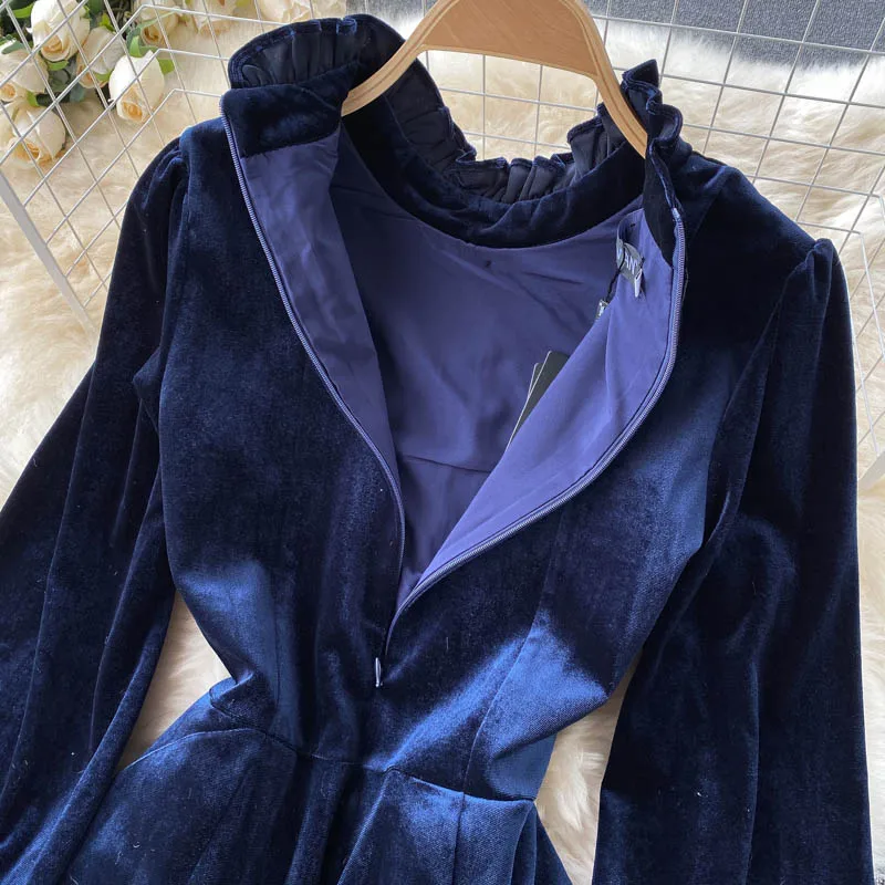Women Chic Elegant Lantern Sleeve pleated velvet Dress Sexy Fashion Slim A-line autumn sweet dresses