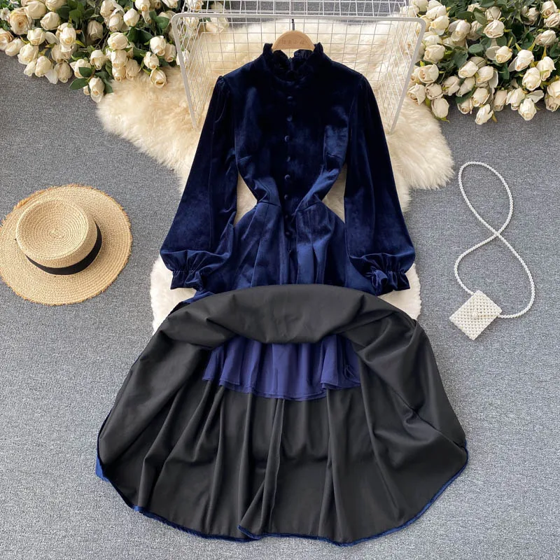 Women Chic Elegant Lantern Sleeve pleated velvet Dress Sexy Fashion Slim A-line autumn sweet dresses
