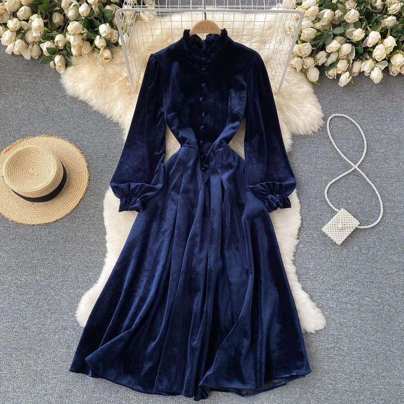 Women Chic Elegant Lantern Sleeve pleated velvet Dress Sexy Fashion Slim A-line autumn sweet dresses