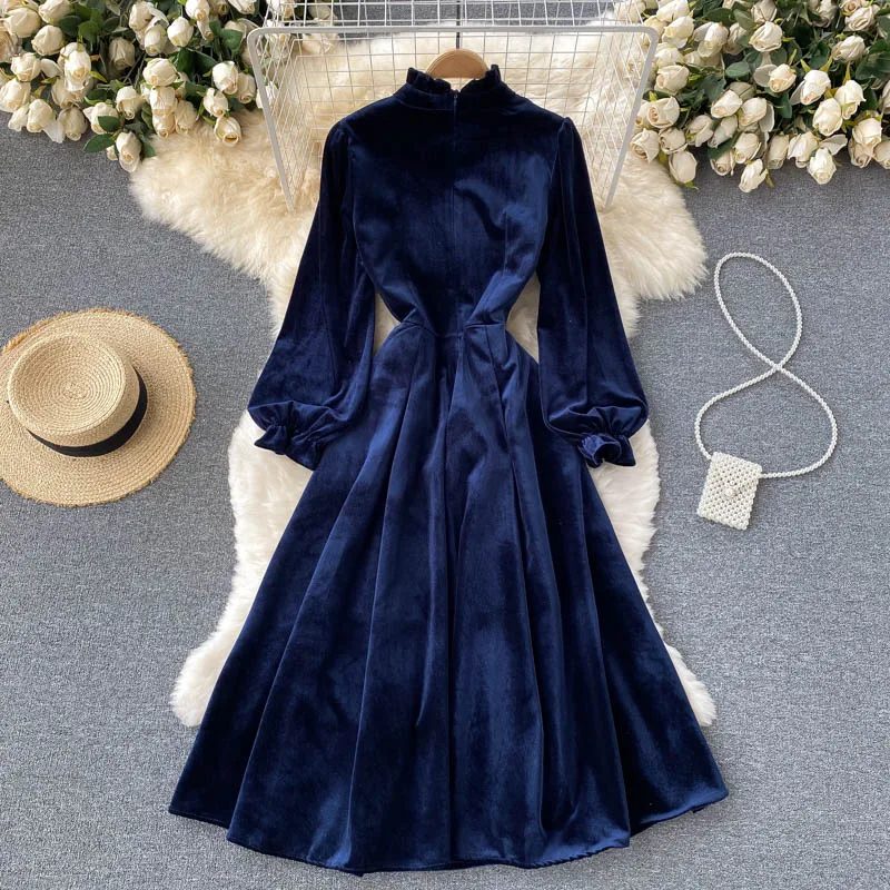 Women Chic Elegant Lantern Sleeve pleated velvet Dress Sexy Fashion Slim A-line autumn sweet dresses