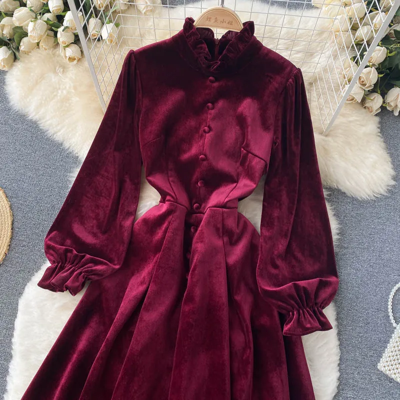 Women Chic Elegant Lantern Sleeve pleated velvet Dress Sexy Fashion Slim A-line autumn sweet dresses
