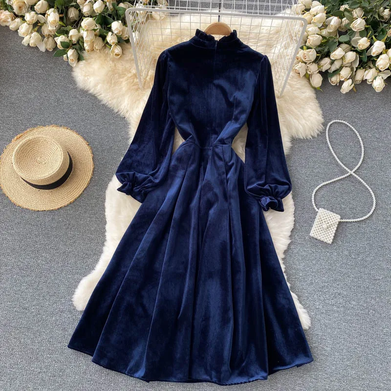 Women Chic Elegant Lantern Sleeve pleated velvet Dress Sexy Fashion Slim A-line autumn sweet dresses