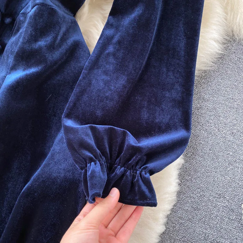 Women Chic Elegant Lantern Sleeve pleated velvet Dress Sexy Fashion Slim A-line autumn sweet dresses