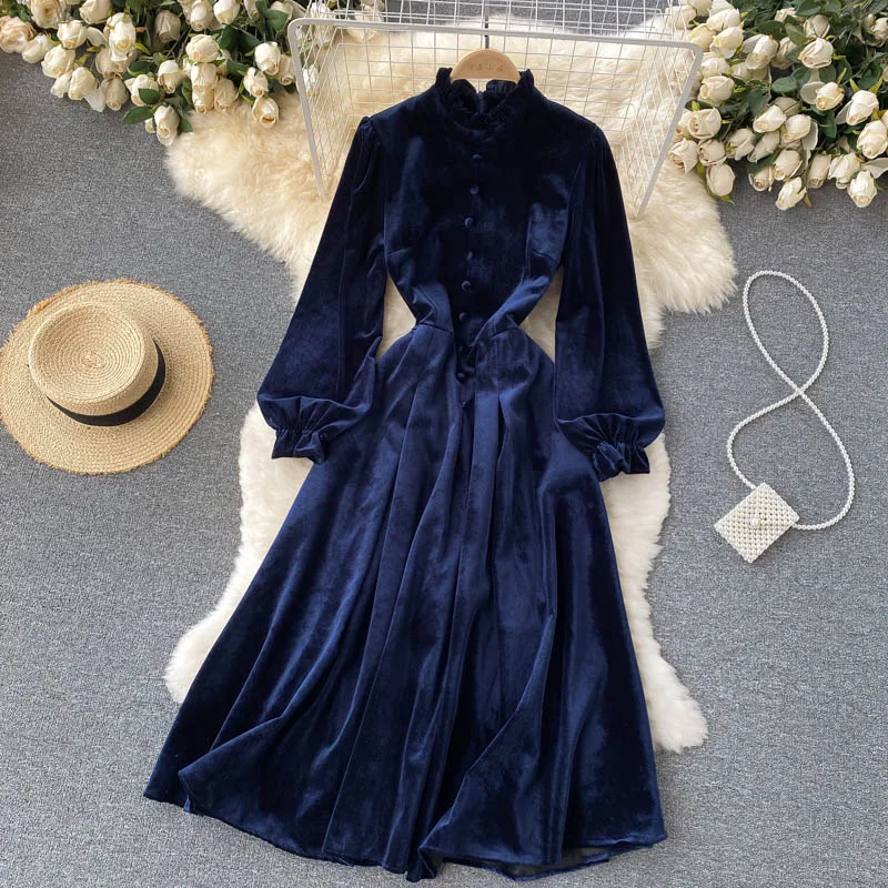 Women Chic Elegant Lantern Sleeve pleated velvet Dress Sexy Fashion Slim A-line autumn sweet dresses