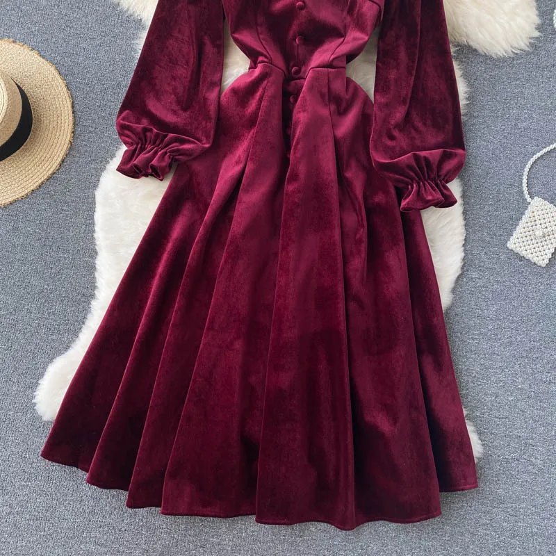 Women Chic Elegant Lantern Sleeve pleated velvet Dress Sexy Fashion Slim A-line autumn sweet dresses
