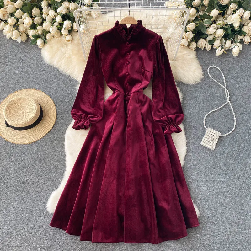 Women Chic Elegant Lantern Sleeve pleated velvet Dress Sexy Fashion Slim A-line autumn sweet dresses