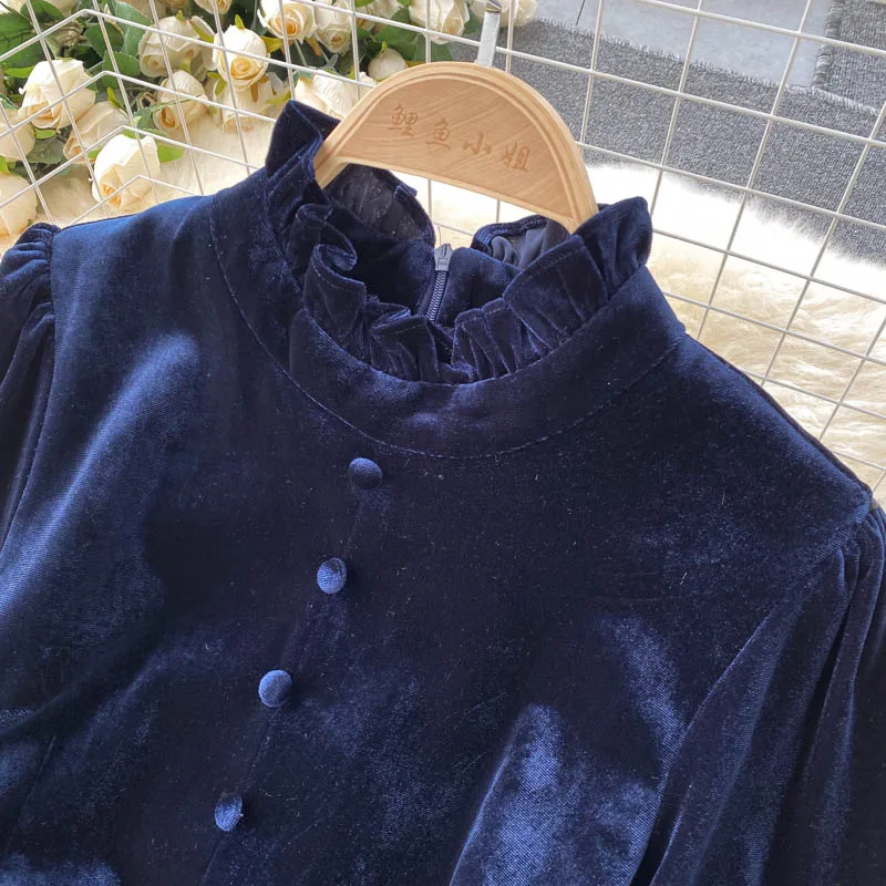 Women Chic Elegant Lantern Sleeve pleated velvet Dress Sexy Fashion Slim A-line autumn sweet dresses