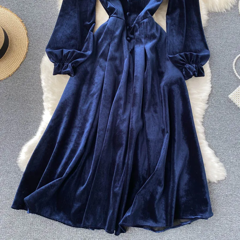 Women Chic Elegant Lantern Sleeve pleated velvet Dress Sexy Fashion Slim A-line autumn sweet dresses
