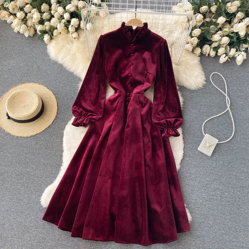 Women Chic Elegant Lantern Sleeve pleated velvet Dress Sexy Fashion Slim A-line autumn sweet dresses