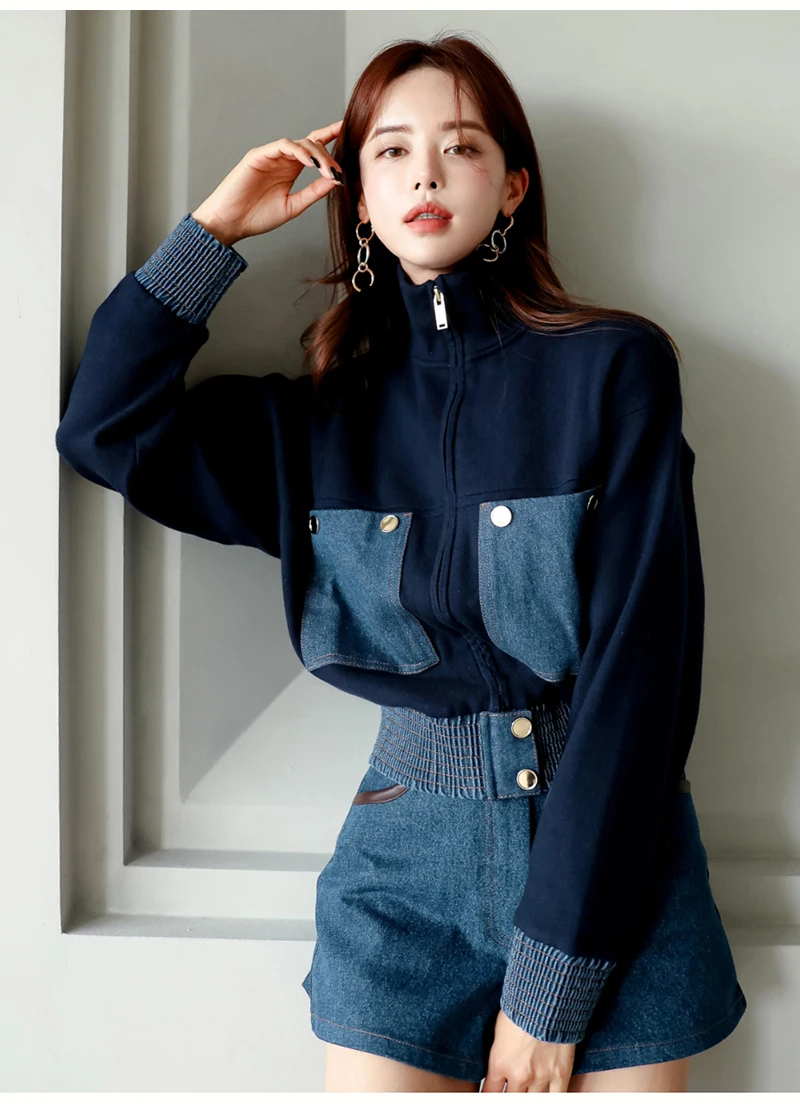 2024 Y2K Zipper Short Jacket Coat Women Korean Fashion Cropped Tops Long Sleeve Autumn Winter Coat Pocket Patchwork Overcoat