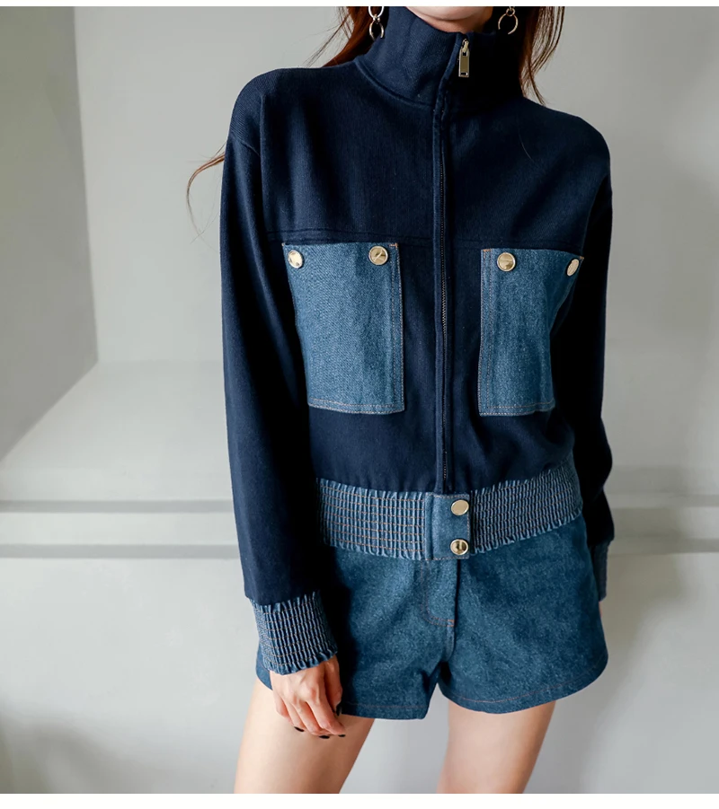 2024 Y2K Zipper Short Jacket Coat Women Korean Fashion Cropped Tops Long Sleeve Autumn Winter Coat Pocket Patchwork Overcoat