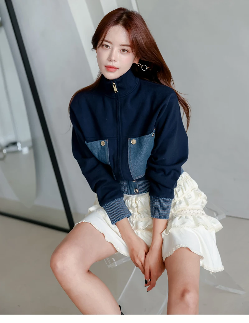 2024 Y2K Zipper Short Jacket Coat Women Korean Fashion Cropped Tops Long Sleeve Autumn Winter Coat Pocket Patchwork Overcoat