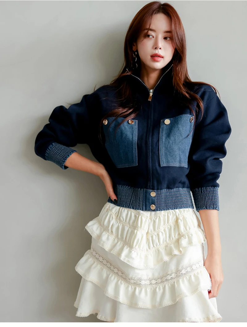 2024 Y2K Zipper Short Jacket Coat Women Korean Fashion Cropped Tops Long Sleeve Autumn Winter Coat Pocket Patchwork Overcoat