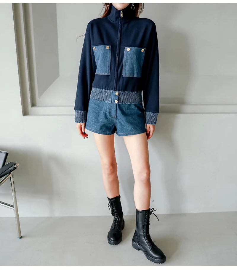 2024 Y2K Zipper Short Jacket Coat Women Korean Fashion Cropped Tops Long Sleeve Autumn Winter Coat Pocket Patchwork Overcoat