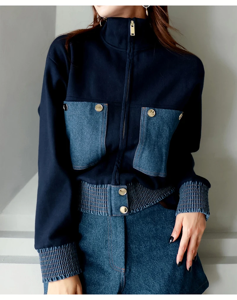 2024 Y2K Zipper Short Jacket Coat Women Korean Fashion Cropped Tops Long Sleeve Autumn Winter Coat Pocket Patchwork Overcoat