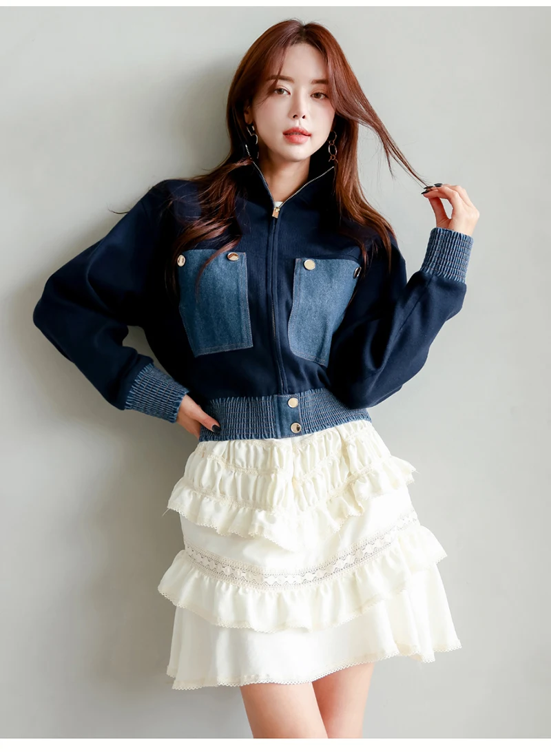 2024 Y2K Zipper Short Jacket Coat Women Korean Fashion Cropped Tops Long Sleeve Autumn Winter Coat Pocket Patchwork Overcoat