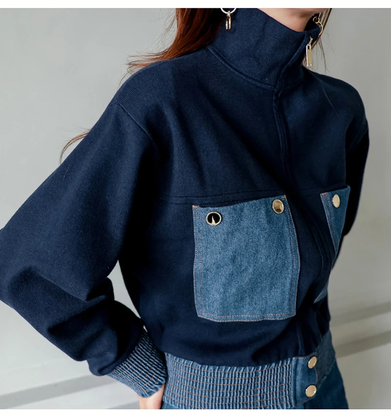 2024 Y2K Zipper Short Jacket Coat Women Korean Fashion Cropped Tops Long Sleeve Autumn Winter Coat Pocket Patchwork Overcoat