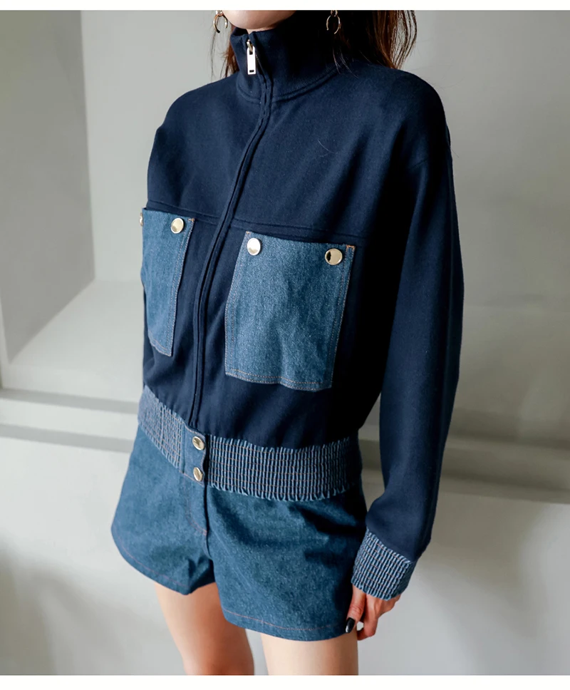 2024 Y2K Zipper Short Jacket Coat Women Korean Fashion Cropped Tops Long Sleeve Autumn Winter Coat Pocket Patchwork Overcoat