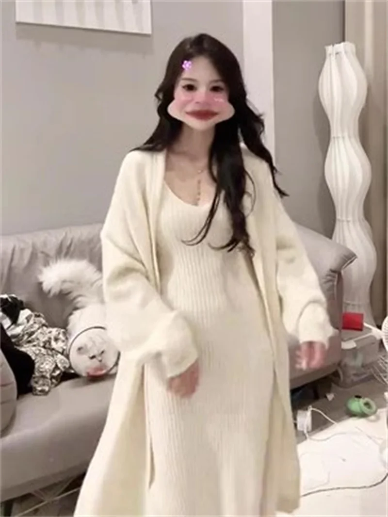 2025 Spring Autumn New Fashion Loose Long Sweater Knitted Cardigan Elegant Dress And Sweater Set for Women Two-Piece Set Green