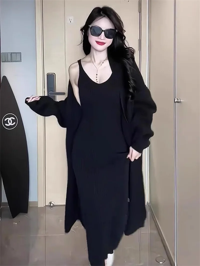 2025 Spring Autumn New Fashion Loose Long Sweater Knitted Cardigan Elegant Dress And Sweater Set for Women Two-Piece Set Green