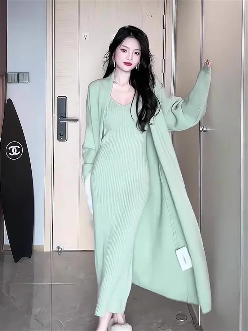 2025 Spring Autumn New Fashion Loose Long Sweater Knitted Cardigan Elegant Dress And Sweater Set for Women Two-Piece Set Green