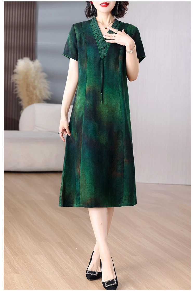 Women Green Jacquard Silk Dress Summer New Short Sleeve Elegant Luxury Evening Dress 2025 Korean Vintage Festival Dresses