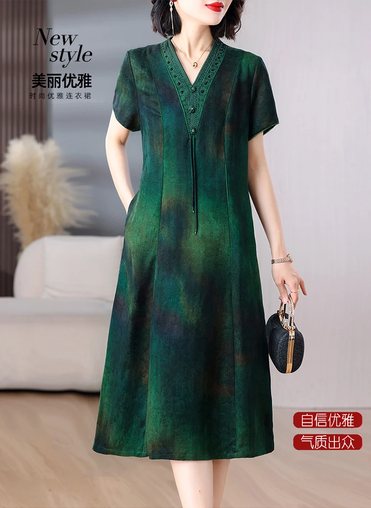 Women Green Jacquard Silk Dress Summer New Short Sleeve Elegant Luxury Evening Dress 2025 Korean Vintage Festival Dresses