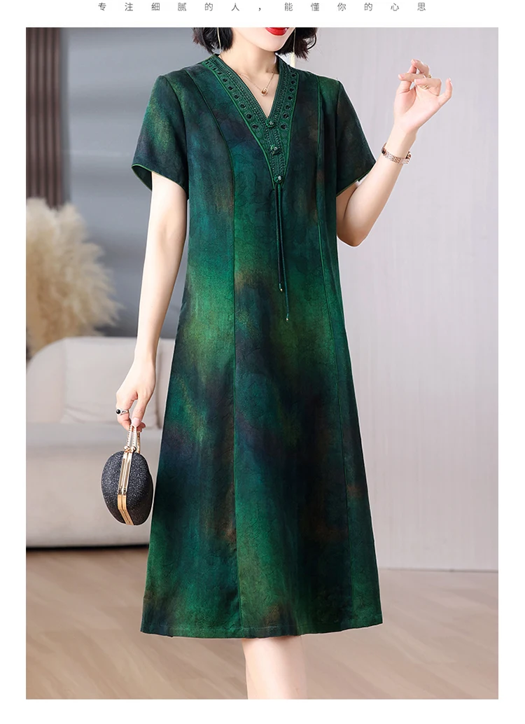 Women Green Jacquard Silk Dress Summer New Short Sleeve Elegant Luxury Evening Dress 2025 Korean Vintage Festival Dresses