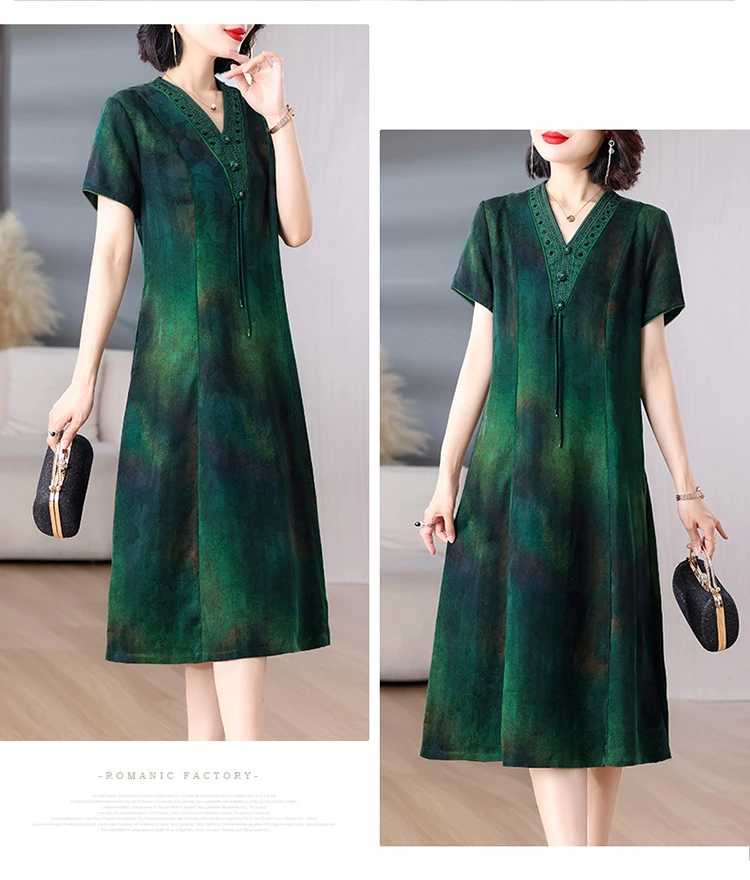 Women Green Jacquard Silk Dress Summer New Short Sleeve Elegant Luxury Evening Dress 2025 Korean Vintage Festival Dresses