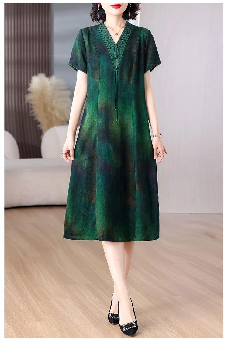 Women Green Jacquard Silk Dress Summer New Short Sleeve Elegant Luxury Evening Dress 2025 Korean Vintage Festival Dresses