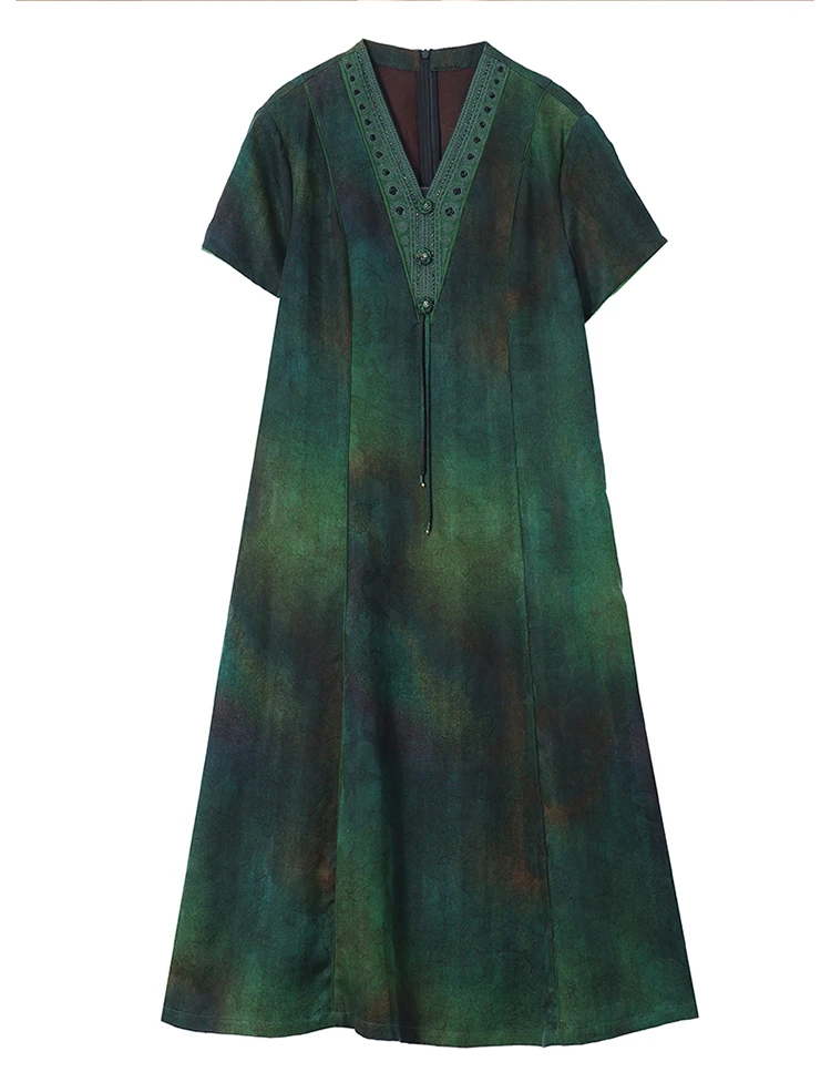 Women Green Jacquard Silk Dress Summer New Short Sleeve Elegant Luxury Evening Dress 2025 Korean Vintage Festival Dresses