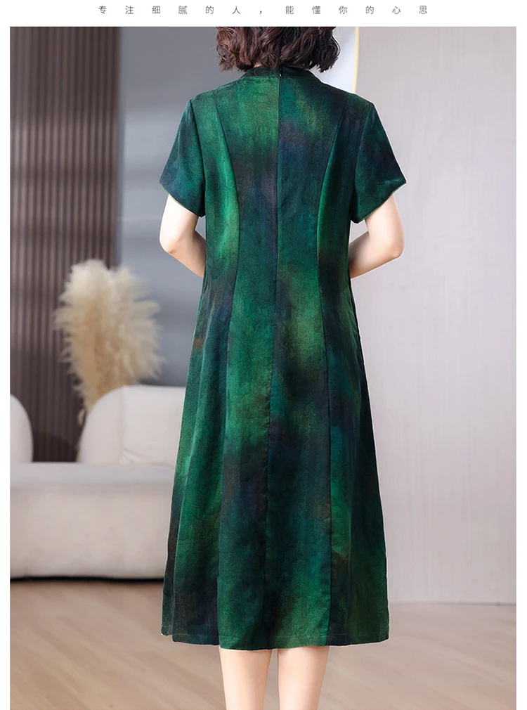 Women Green Jacquard Silk Dress Summer New Short Sleeve Elegant Luxury Evening Dress 2025 Korean Vintage Festival Dresses