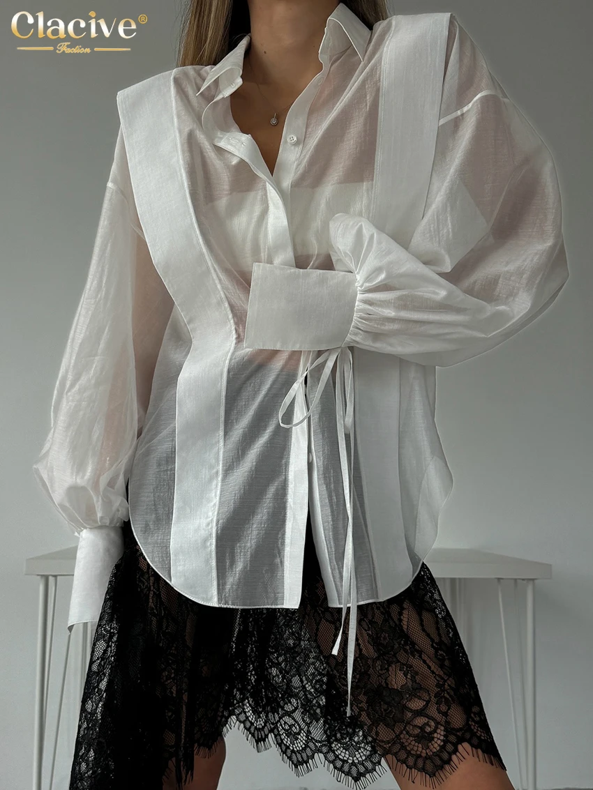 Clacive Fashion Loose Pink Cotton Women Shirts 2024 Casual Lapel Long Sleeve Blouse Elegant Classic Lace-Up Top Female Clothing