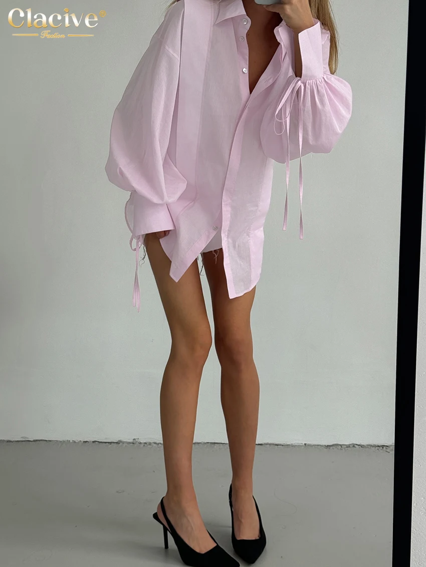 Clacive Fashion Loose Pink Cotton Women Shirts 2024 Casual Lapel Long Sleeve Blouse Elegant Classic Lace-Up Top Female Clothing