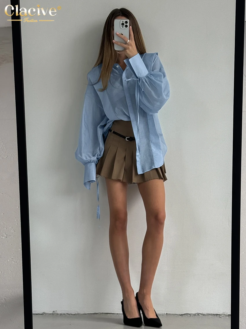 Clacive Fashion Loose Pink Cotton Women Shirts 2024 Casual Lapel Long Sleeve Blouse Elegant Classic Lace-Up Top Female Clothing