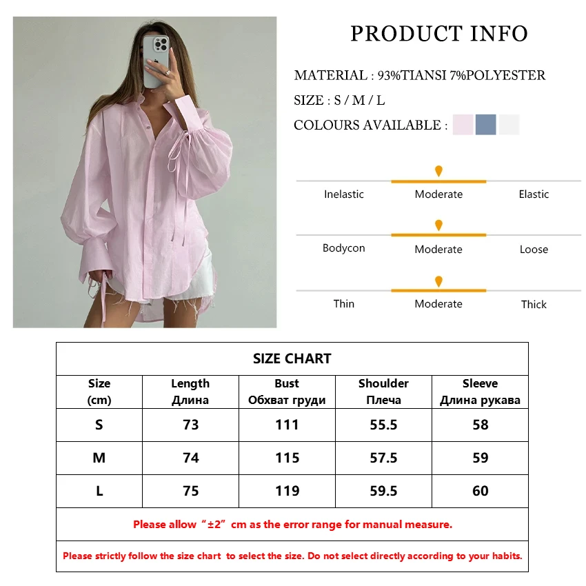 Clacive Fashion Loose Pink Cotton Women Shirts 2024 Casual Lapel Long Sleeve Blouse Elegant Classic Lace-Up Top Female Clothing